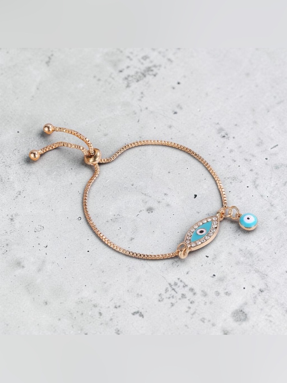 Teal Blue Evil Eye Double Drop Gold Bracelet Coastal Glam | Mediterranean Chic - Picture 3 of 4